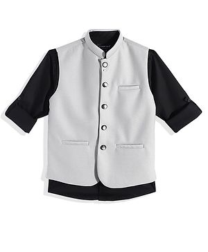 Charchit Cotton Blend Woven Full Sleeves Solid Shirt With Textured Nehru Jacket - Grey
