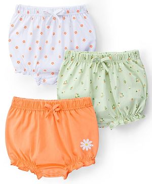 Kookie Kids Cotton Lycra Knit Bloomers with Polka Dots Print Pack of 3 - White Green & Orange