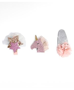 Kicks & Crawl Set Of 3 Unicorn & Stars Designed Hair Clips - Multi Colour