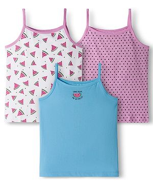 Kookie Kids Cotton Lycra Knit Sleeveless Slips with Polka Dots & Fruits Print Pack of 3 - Blue Pink & White