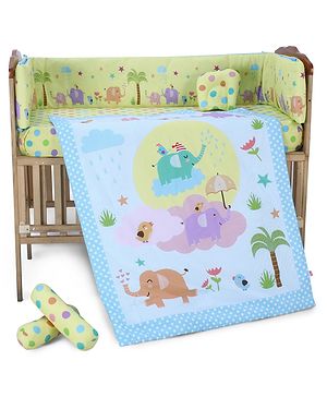 Babyhug 100% Cotton Crib Bedding Set Elephant Print Regular - Multicolor(Cot not Included)| Quilt,Cot Bumper,U Shape Pillow, Crib Sheet, 2 Bolsters| Compact Fold & Storage| Soft & Breathable| Washable
