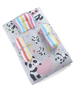 Babyhug 100% Cotton Bedding Set Panda Theme - Grey| Soft Breathable Cotton Fabric| U Shaped Pillow, Bolsters, Mattress| Washable