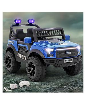 Babyhug 4x4 Battery Operated Ride on Jeep with Music & LED Lights - Blue| Rechargeable Battery| Openable Doors| Built-in Music & AUX| Remote Control| Easy to Assemble|Forward & Reverse