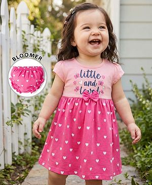 Babyhug Single Jersey Knit Half Sleeves Heart & Text Printed Frock with Bloomer & Bow Applique - Pink