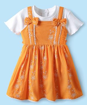 Babyhug Cotton Woven Frock & Half Sleeves Ribbed Inner Tee With Floral Embroidery & Bow Applique - Orange & White