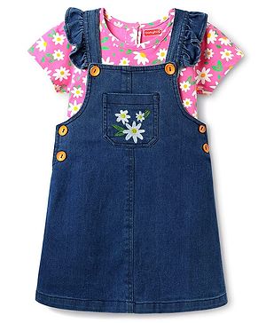 Babyhug Cotton Woven Half Sleeves Floral Printed Frock With Inner Tee - Navy Blue