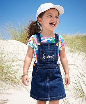 Babyhug Cotton Woven Frock with Half Sleeves Inner Tee - Blue