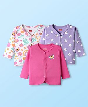 Babyhug 100% Cotton Interlock Knit Full Sleeves Antibacterial Front Open Jhablas with Floral Print Pack of 3 - White Pink & Lilac