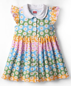 Babyhug Single Jersey Knit Frill Sleeves Front Open Frock With Floral Print - Multicolor