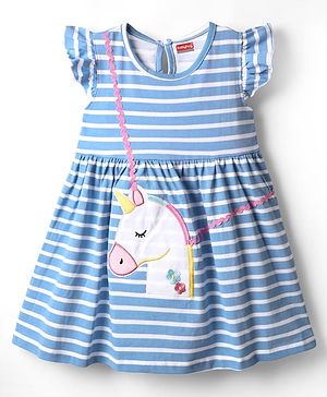 Babyhug Single Jersey Knit Frill Sleeves Frock with Stripes & Unicorn Patch & Embroidery - Blue
