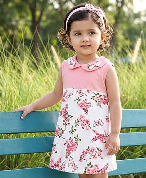 Babyhug Single Jersey Knit Sleeveless Frock With Floral Print & Bow Applique - Pink & White