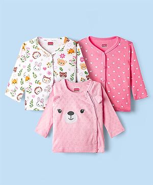 Babyhug 100% Cotton Knit Full Sleeves Antibacterial Front Open Vest with Heart & Animal Print Pack of 3 - Pink & White