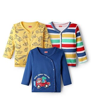Babyhug 100% Cotton Knit Full Sleeves Antibacterial Front Open Vest with Strips & Vehicle Print Pack of 3 - Navy Blue & Yellow