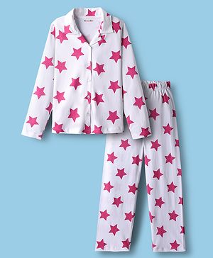 Kookie Kids Single Jersey Knit Full Sleeves Co-ords Night Suit With Star Print - Pink