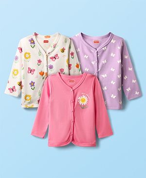 Babyhug 100% Cotton Interlock Knit Full Sleeves Antibacterial Front Open Jhablas with Floral & Butterfly Print Pack of 3 - Lilac White & Pink
