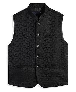 Charchit Cotton Woven Sleeveless Chevron Glitter Printed Nehru Jacket - Black