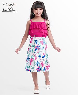 Arias Cotton Knit  Sleeveless Ruffle Detailing Top & Button Placket Floral Skirt Set With Belt - Dark Pink