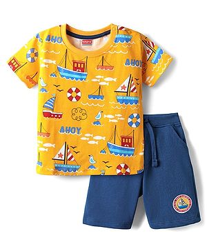 Babyhug Single Jersey Knit Half Sleeves T-Shirt & Shorts Set with Nautical Print - Yellow & Navy Blue