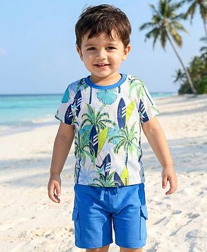 Babyhug 100% Cotton Half Sleeves Beach Theme Printed T-Shirt & Short Set - Blue