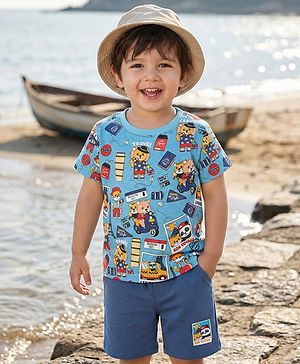 Babyhug Single Jersey Knit Half Sleeves Travel Theme Printed T-Shirt & Shorts Set - Blue