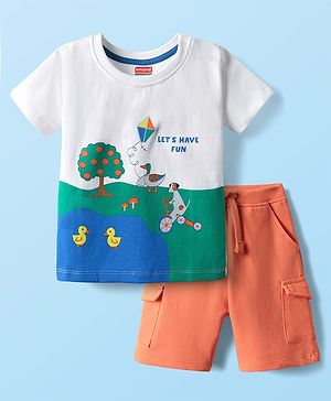 Babyhug Single Jersey Knit Half Sleeves T-Shirt & Shorts Set with Animal Print - Orange & White