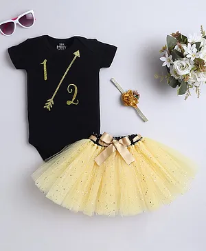 TINY MINY MEE Elastane Woven Half
                              Sleeves Arrow Foil Printed Onesie With
                              Shimmered Tutu Skirt & Headband -
                              Multi Colour