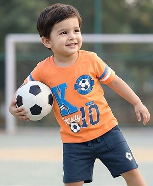 Babyhug Single Jersey Knit Half Sleeves T-Shirt & Shorts Set with Game Text Print - Orange & Navy Blue
