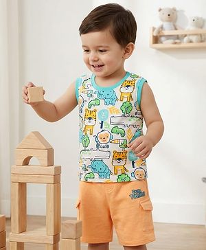 Babyhug Single Jersey Knit Sleeveless Tank T-Shirt & Shorts Set with Animal Print - Orange