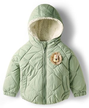 Babyhug Woven Full Raglan Sleeves Hooded Quilted Jacket with Applique & Kangaroo Pocket - Olive Green