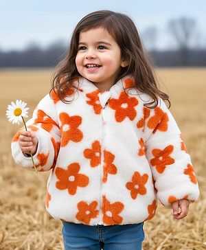 Babyhug Fur Woven Full Sleeves Hooded Fur Winter Jacket with Floral Print - White