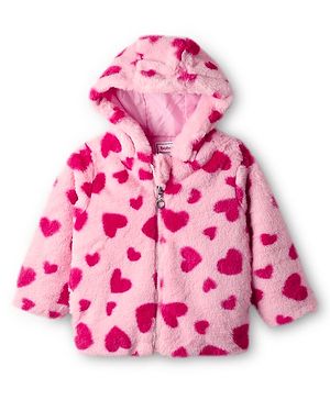 Babyhug Woven Full Sleeves Hooded Winter Fur Jacket with Heart Print - Pink