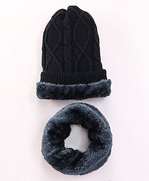 Pine Kids Knitted Solid Woollen Cap & Muffler Black - Diameter 18 cm