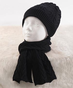 Pine Kids Knitted Solid Woollen Cap & Muffler Black - Diameter 20 cm