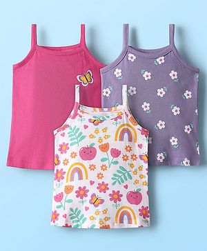 Babyhug 100% Cotton Single Jersey Knit Singlet Antibacterial Slips with Floral & Butterfly Print Pack of 3 - Lilac White & Pink