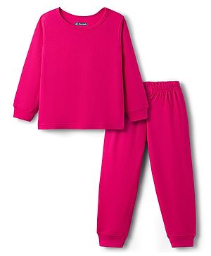 Pine Kids Knit Full Sleeves Solid Color Pullover Thermal Inner Wear Set - Dark Pink