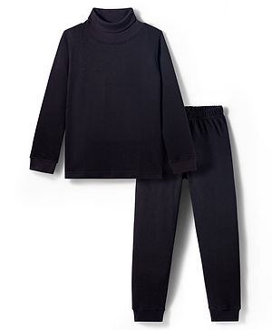 Pine Kids Knit Full Sleeves Solid Color Turtle Thermal Wear Set - Black