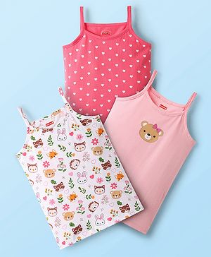 Babyhug 100% Cotton Knit Antibacterial Sleeveless Heart & Animal Printed Slips Pack of 3 - Pink & White