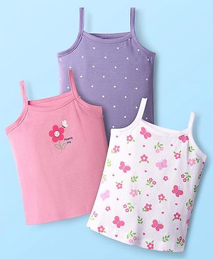 Babyhug 100% Cotton Single Jersey Knit Antibacterial Slips with Polka Dot & Floral Print Pack of 3 - White Pink & Light Purple