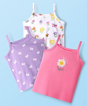 Babyhug 100% Cotton Singler Jersey Knit Antibacterial Slips with Butterfly & Floral Print Pack of 3 - Pink White & Lilac