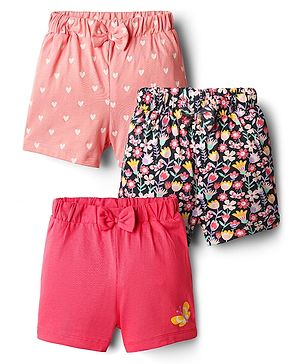 Babyhug Single Jersey Knit Shorts With Floral Hearts & Butterfly Print & Bow Applique Pack Of 3 - Multi Colour