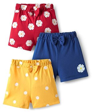 Babyhug Cotton Single Jersey Knit Shorts With Floral & Polka Dot Print Pack Of 3 - Yellow Red & Navy Blue