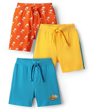 Babyhug Cotton Single Jersey Knit Shorts with Tropical Theme Print Pack of 3 - Yellow Orange & Blue