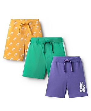 Babyhug Cotton Single Jersey Knit Shorts with Tropical Theme Print Pack of 3 - Yellow Mint & Purple