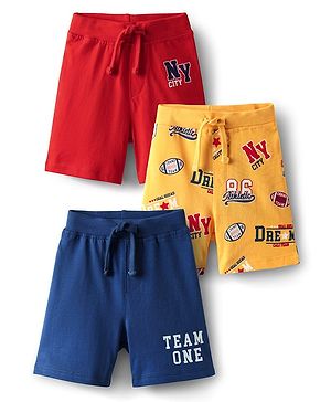 Babyhug Single Jersey Knit Text Printed Shorts Pack of 3 - Red Yellow & Blue