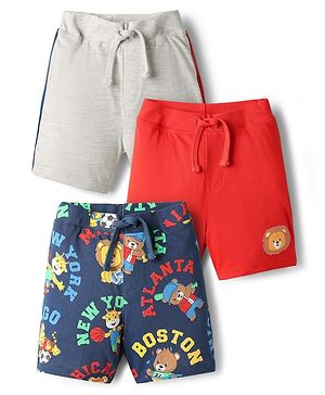 Babyhug Single Jersey Knit Shorts With Animal Print Pack Of 3 - Navy Blue & Red