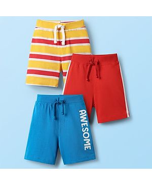 Babyhug Cotton Single Jersey Knit Shorts with Text Print Stripes & Tape Detailing Pack of 3 - Red Yellow & Blue
