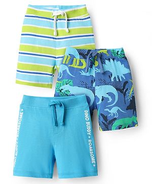 Babyhug Single Jersey Knit Shorts With Stripes & Dino Print Pack Of 3 - Light Blue Green & Navy Blue