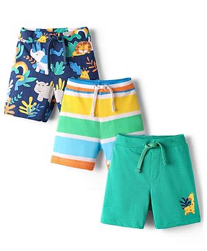 Babyhug Single Jersey Knit Shorts With Animal & Stripe Print Pack Of 3 - Navy Blue & Light Green