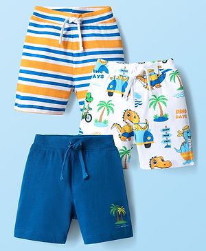 Babyhug Cotton Single Jersey Knit Shorts With Stripes & Dino Print Pack Of 3 - Navy Blue Light Blue & Yellow