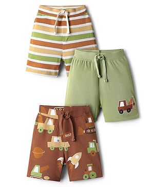 Babyhug Single Jersey Knit Shorts With Stripes & Vehicles Print Pack Of 3 - Multi Colour